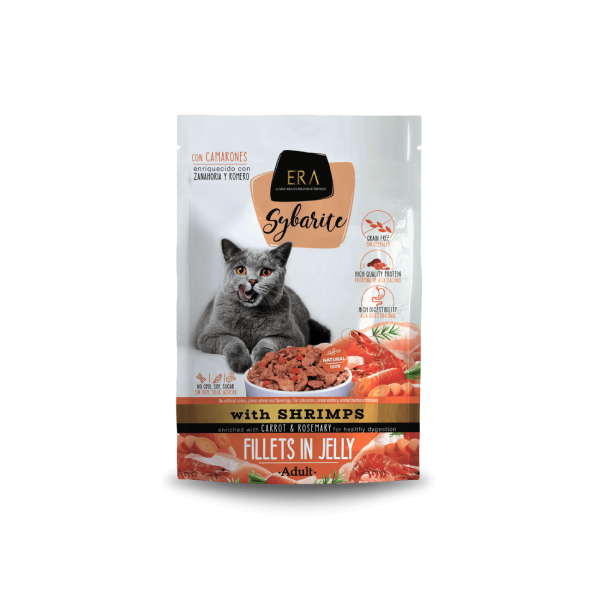 ERA SYBARITE ΦΙΛΕΤΑ σε ζελέ με γαρίδες για ΕΝΗΛΙΚΕΣ ΓΑΤΕΣ - εμπλουτισμένο με καρότα και δεντρολίβανο - 85gr